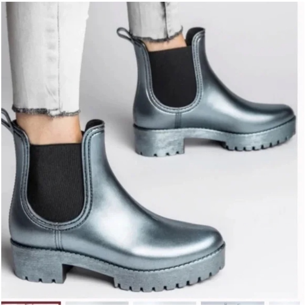 Jeffrey Campbell Metallic Blue Waterproof Bootie Rainboot Chunky Lug Sole SZ 9
